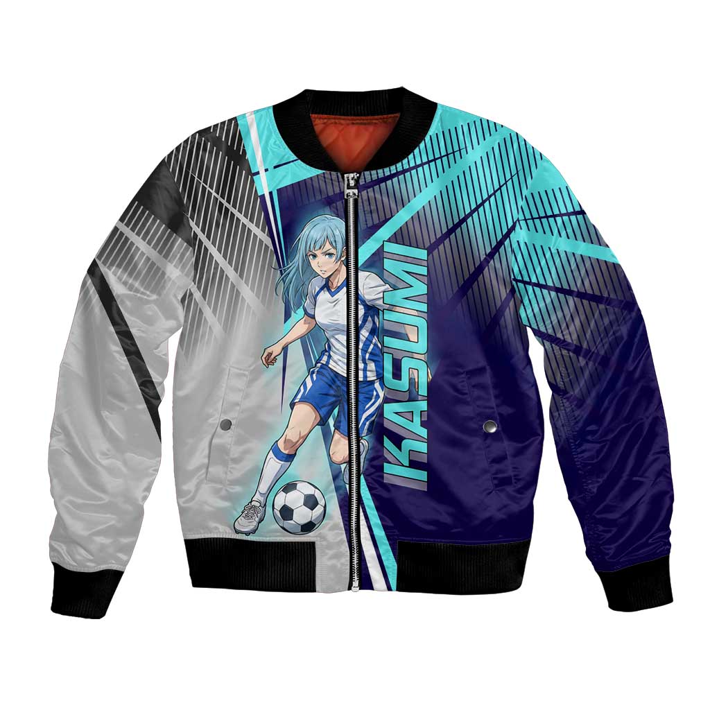 Personalized Miwa Kasumi Jujutsu Kaisen Bomber Jacket with Light Blue Accents and Action Pose