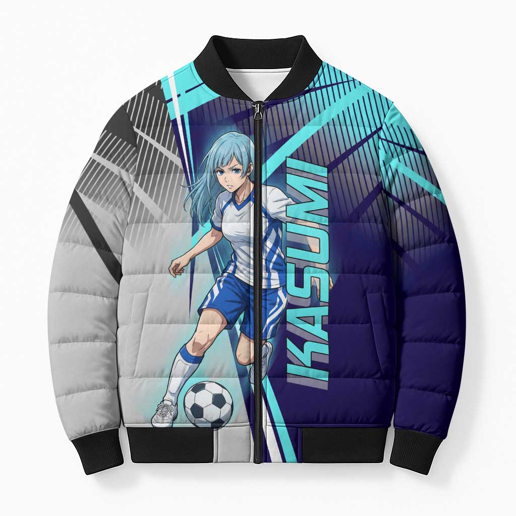 Personalized Miwa Kasumi Jujutsu Kaisen Bomber Puffer Jacket with Light Blue Accents and Action Pose