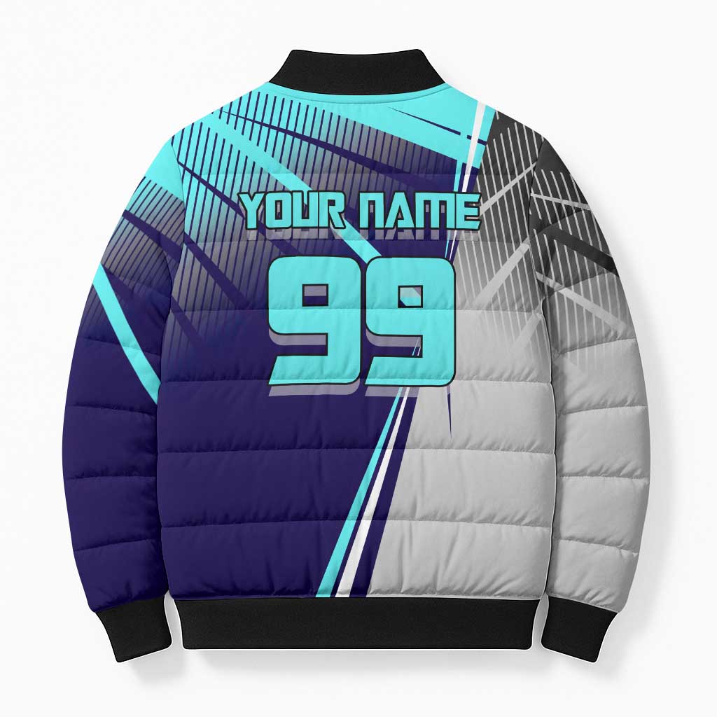 Personalized Miwa Kasumi Jujutsu Kaisen Bomber Puffer Jacket with Light Blue Accents and Action Pose