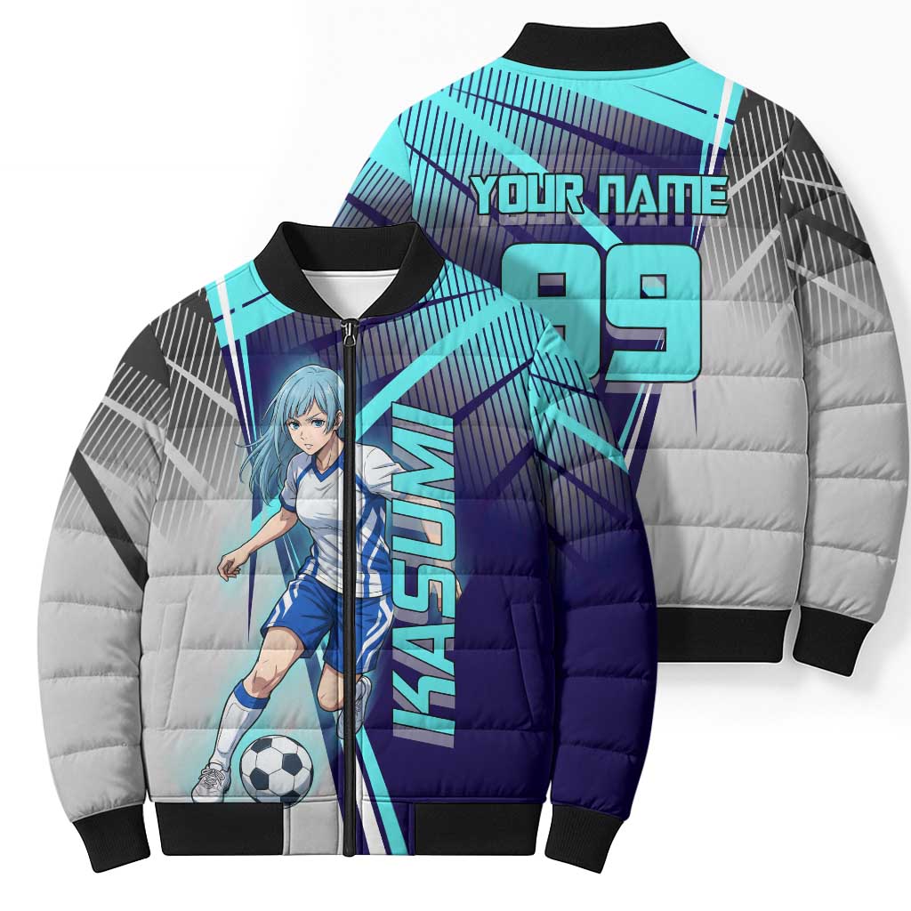 Personalized Miwa Kasumi Jujutsu Kaisen Bomber Puffer Jacket with Light Blue Accents and Action Pose