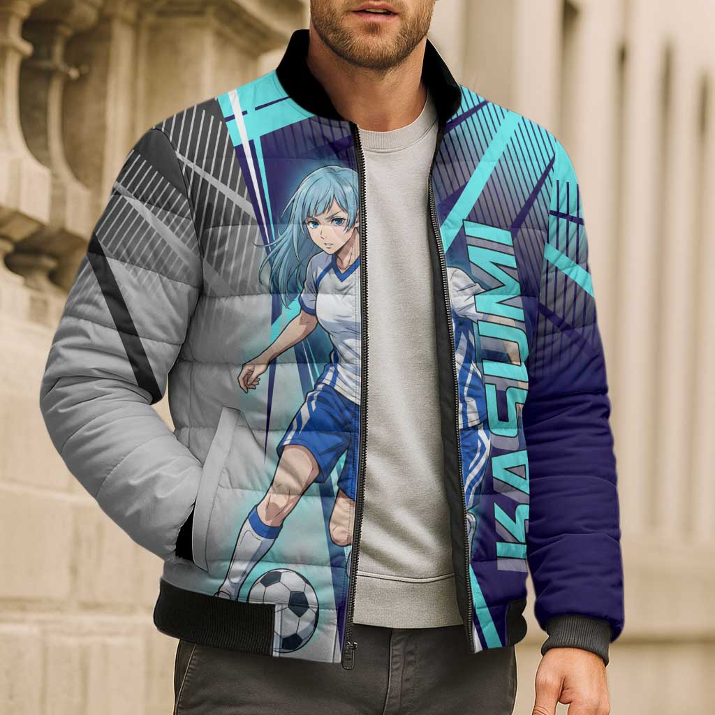 Personalized Miwa Kasumi Jujutsu Kaisen Bomber Puffer Jacket with Light Blue Accents and Action Pose