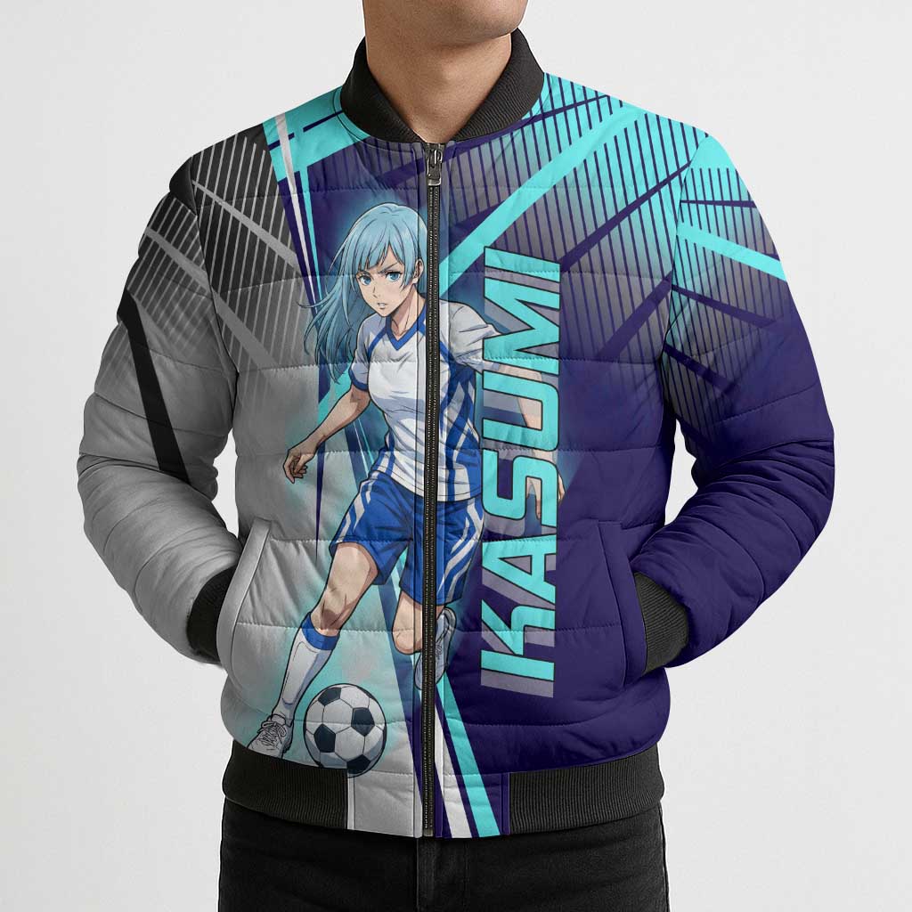 Personalized Miwa Kasumi Jujutsu Kaisen Bomber Puffer Jacket with Light Blue Accents and Action Pose