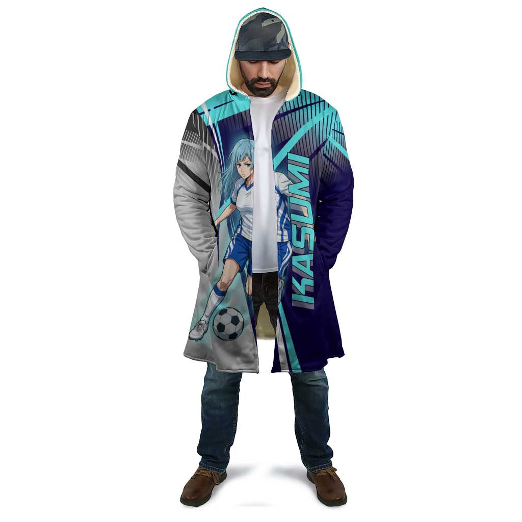 Personalized Miwa Kasumi Jujutsu Kaisen Cloak with Light Blue Accents and Action Pose
