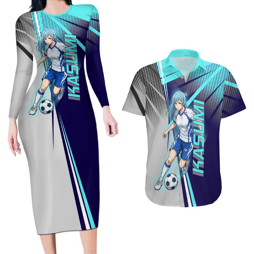 Personalized Miwa Kasumi Jujutsu Kaisen Couples Matching Long Sleeve Bodycon Dress and Hawaiian Shirt with Light Blue Accents and Action Pose