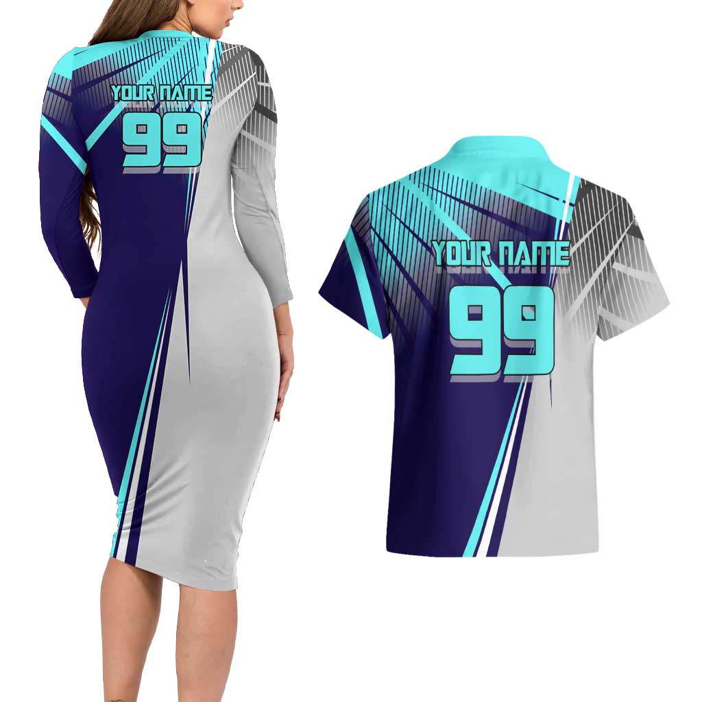 Personalized Miwa Kasumi Jujutsu Kaisen Couples Matching Long Sleeve Bodycon Dress and Hawaiian Shirt with Light Blue Accents and Action Pose