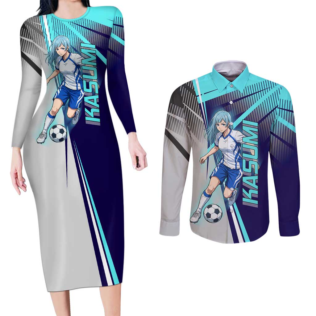 Personalized Miwa Kasumi Jujutsu Kaisen Couples Matching Long Sleeve Bodycon Dress and Long Sleeve Button Shirt with Light Blue Accents and Action Pose
