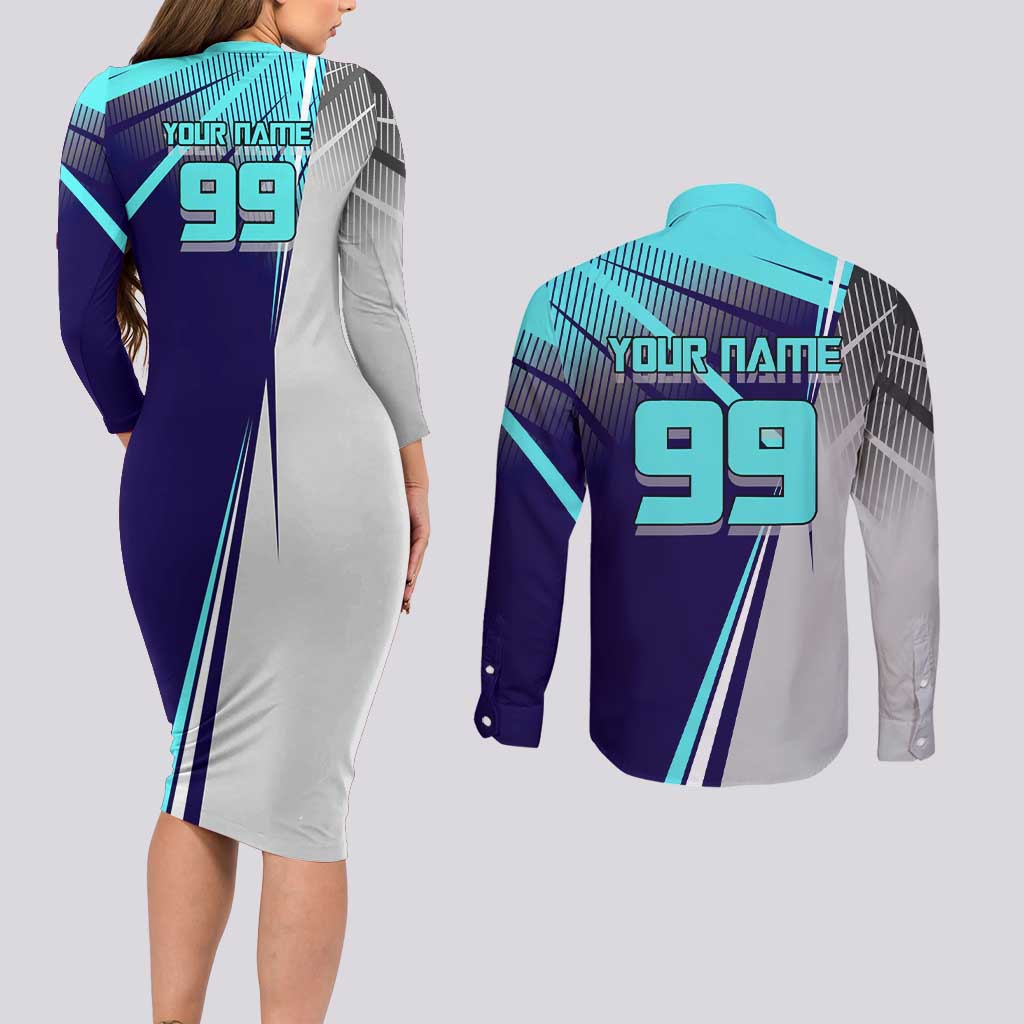 Personalized Miwa Kasumi Jujutsu Kaisen Couples Matching Long Sleeve Bodycon Dress and Long Sleeve Button Shirt with Light Blue Accents and Action Pose