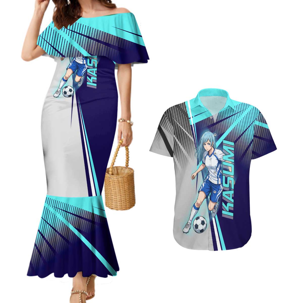 Personalized Miwa Kasumi Jujutsu Kaisen Couples Matching Mermaid Dress and Hawaiian Shirt with Light Blue Accents and Action Pose