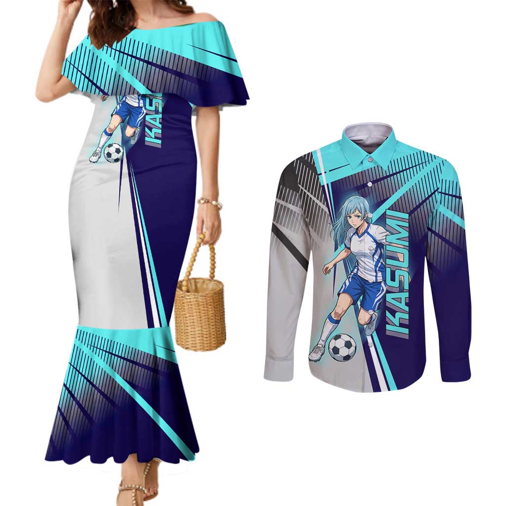 Personalized Miwa Kasumi Jujutsu Kaisen Couples Matching Mermaid Dress and Long Sleeve Button Shirt with Light Blue Accents and Action Pose