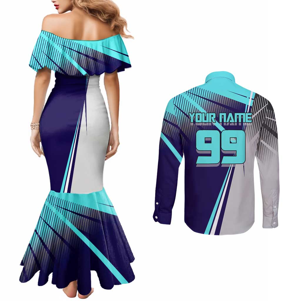 Personalized Miwa Kasumi Jujutsu Kaisen Couples Matching Mermaid Dress and Long Sleeve Button Shirt with Light Blue Accents and Action Pose