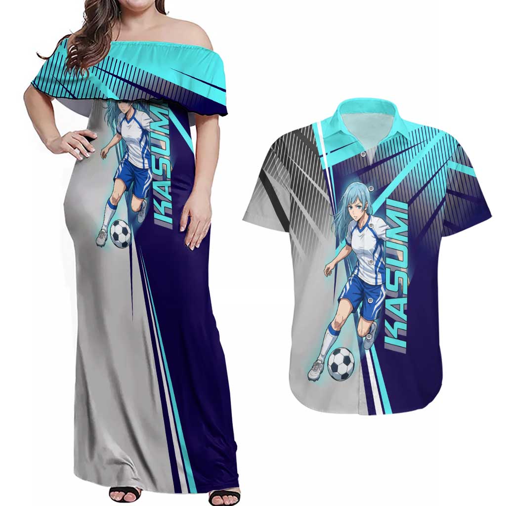 Personalized Miwa Kasumi Jujutsu Kaisen Couples Matching Off Shoulder Maxi Dress and Hawaiian Shirt with Light Blue Accents and Action Pose