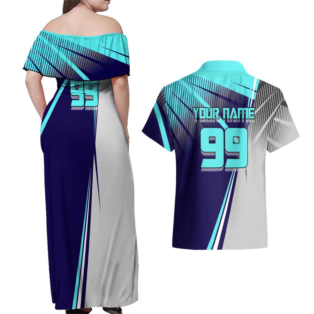 Personalized Miwa Kasumi Jujutsu Kaisen Couples Matching Off Shoulder Maxi Dress and Hawaiian Shirt with Light Blue Accents and Action Pose