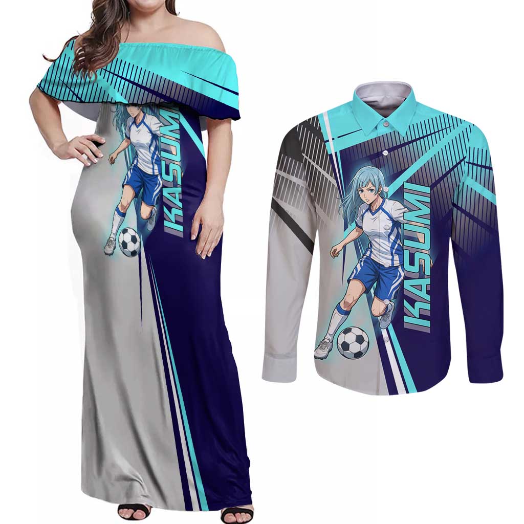 Personalized Miwa Kasumi Jujutsu Kaisen Couples Matching Off Shoulder Maxi Dress and Long Sleeve Button Shirt with Light Blue Accents and Action Pose