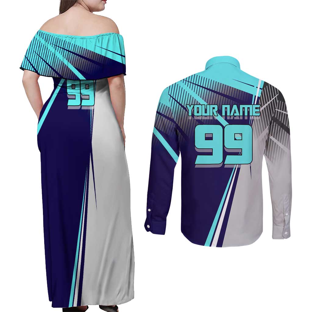 Personalized Miwa Kasumi Jujutsu Kaisen Couples Matching Off Shoulder Maxi Dress and Long Sleeve Button Shirt with Light Blue Accents and Action Pose