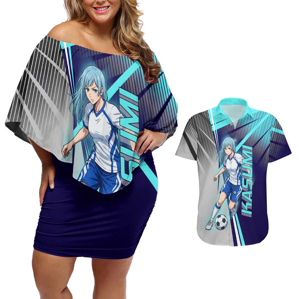 Personalized Miwa Kasumi Jujutsu Kaisen Couples Matching Off Shoulder Short Dress and Hawaiian Shirt with Light Blue Accents and Action Pose