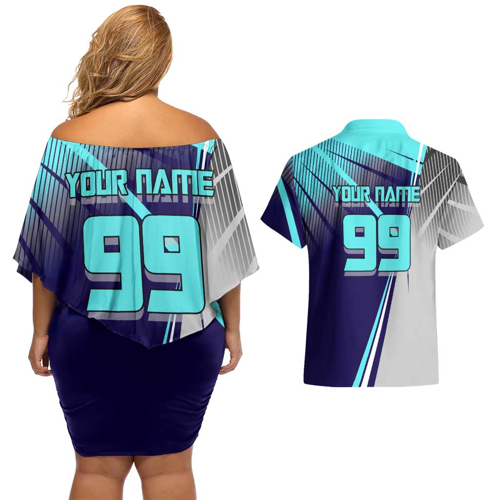 Personalized Miwa Kasumi Jujutsu Kaisen Couples Matching Off Shoulder Short Dress and Hawaiian Shirt with Light Blue Accents and Action Pose