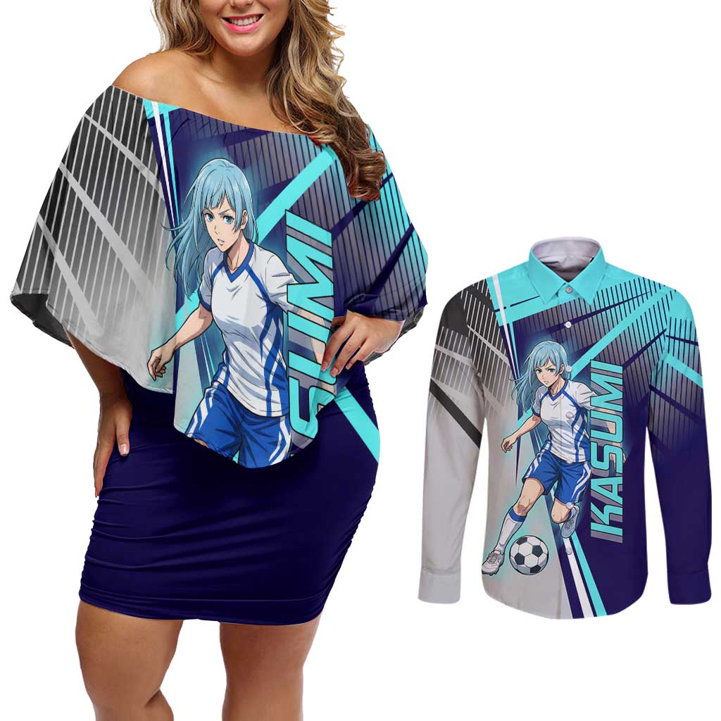Personalized Miwa Kasumi Jujutsu Kaisen Couples Matching Off Shoulder Short Dress and Long Sleeve Button Shirt with Light Blue Accents and Action Pose
