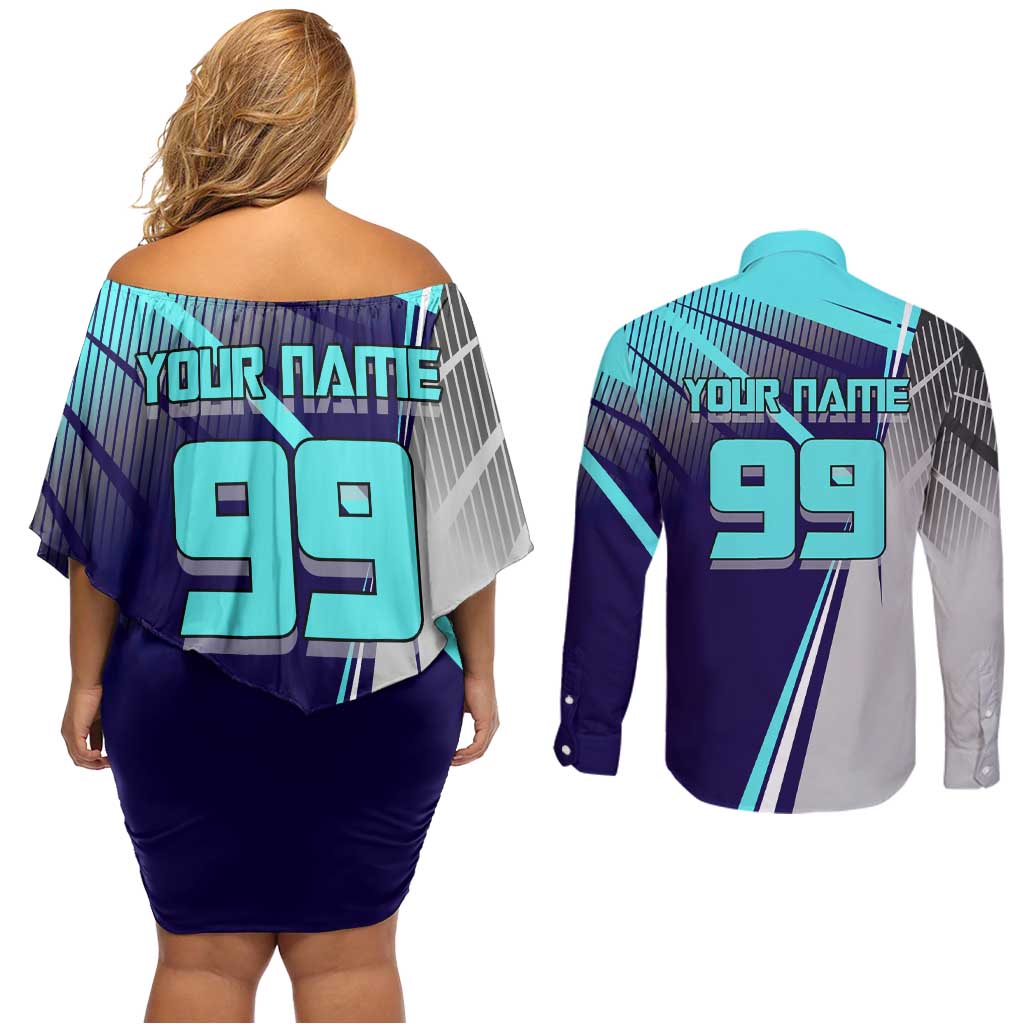 Personalized Miwa Kasumi Jujutsu Kaisen Couples Matching Off Shoulder Short Dress and Long Sleeve Button Shirt with Light Blue Accents and Action Pose
