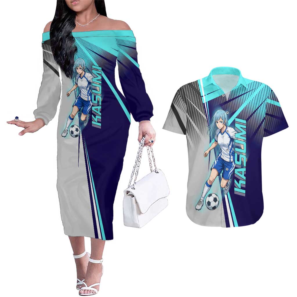 Personalized Miwa Kasumi Jujutsu Kaisen Couples Matching Off The Shoulder Long Sleeve Dress and Hawaiian Shirt with Light Blue Accents and Action Pose