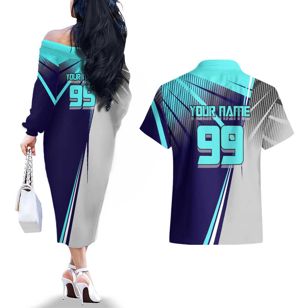 Personalized Miwa Kasumi Jujutsu Kaisen Couples Matching Off The Shoulder Long Sleeve Dress and Hawaiian Shirt with Light Blue Accents and Action Pose