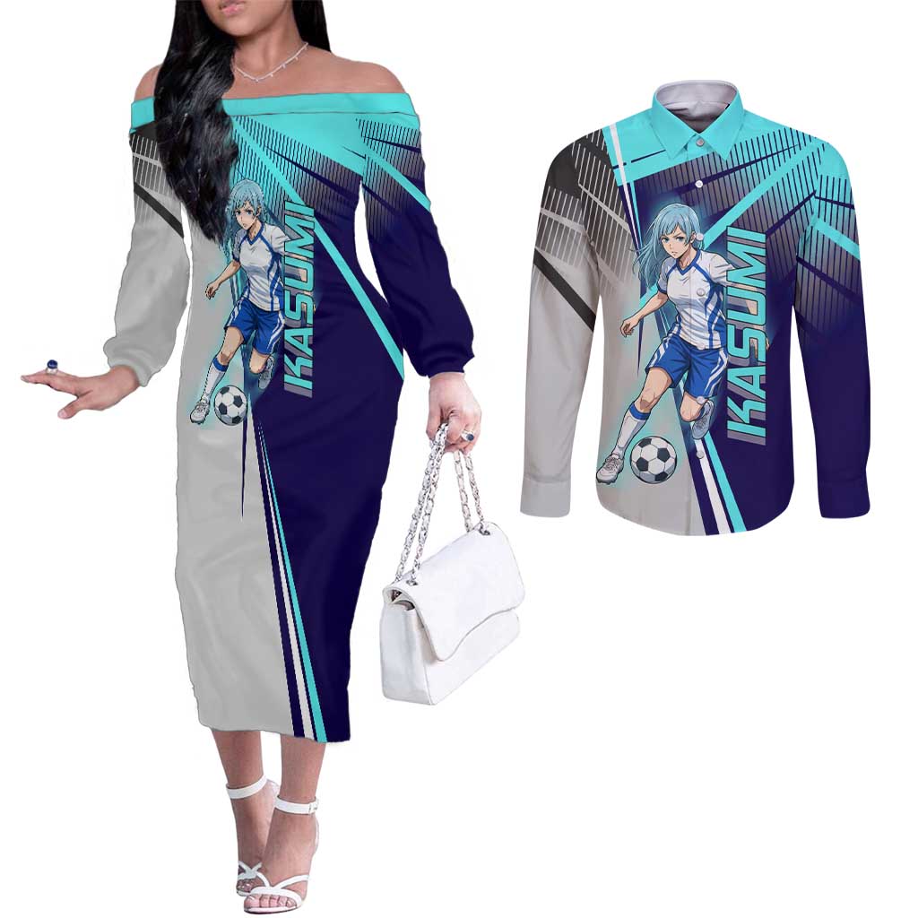 Personalized Miwa Kasumi Jujutsu Kaisen Couples Matching Off The Shoulder Long Sleeve Dress and Long Sleeve Button Shirt with Light Blue Accents and Action Pose