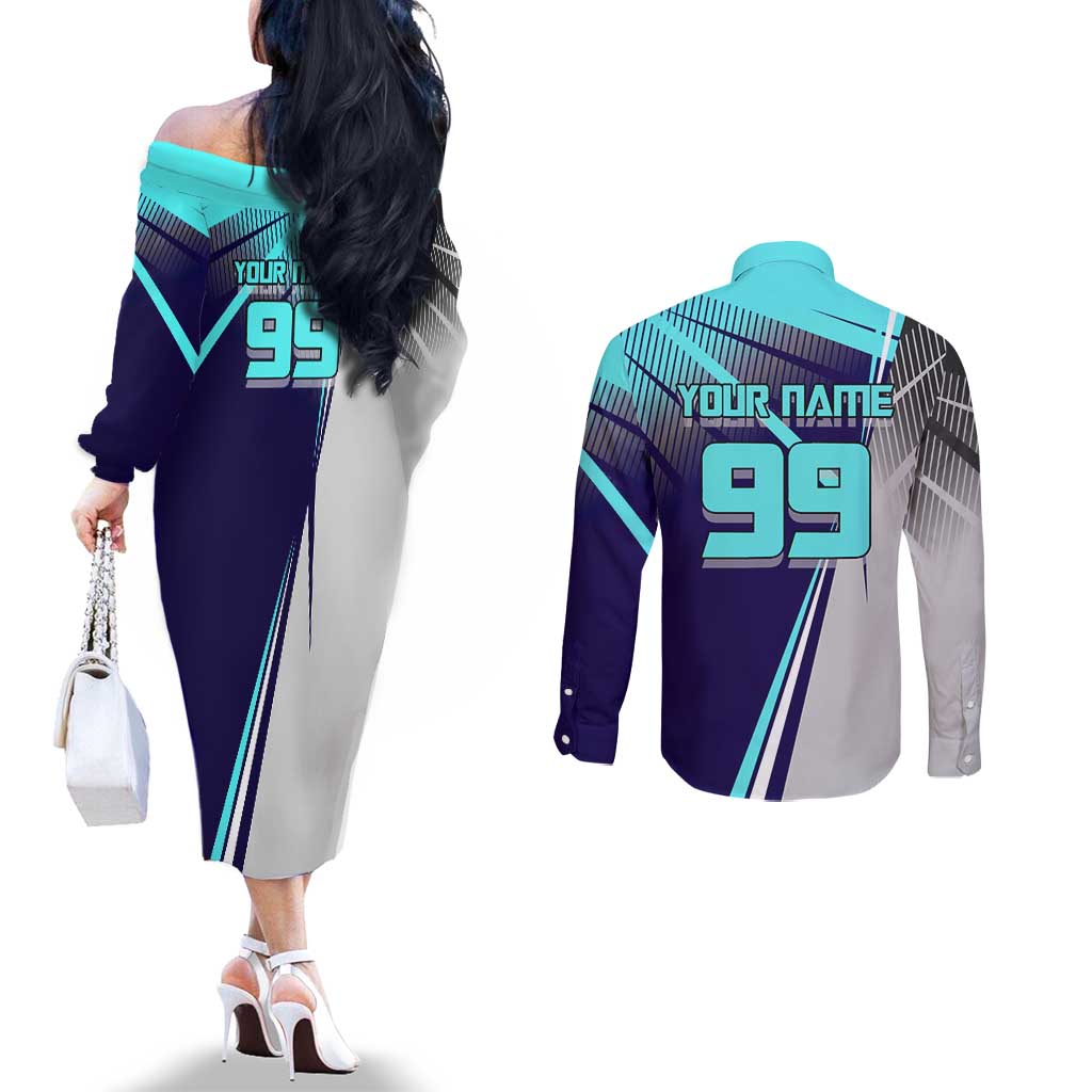 Personalized Miwa Kasumi Jujutsu Kaisen Couples Matching Off The Shoulder Long Sleeve Dress and Long Sleeve Button Shirt with Light Blue Accents and Action Pose