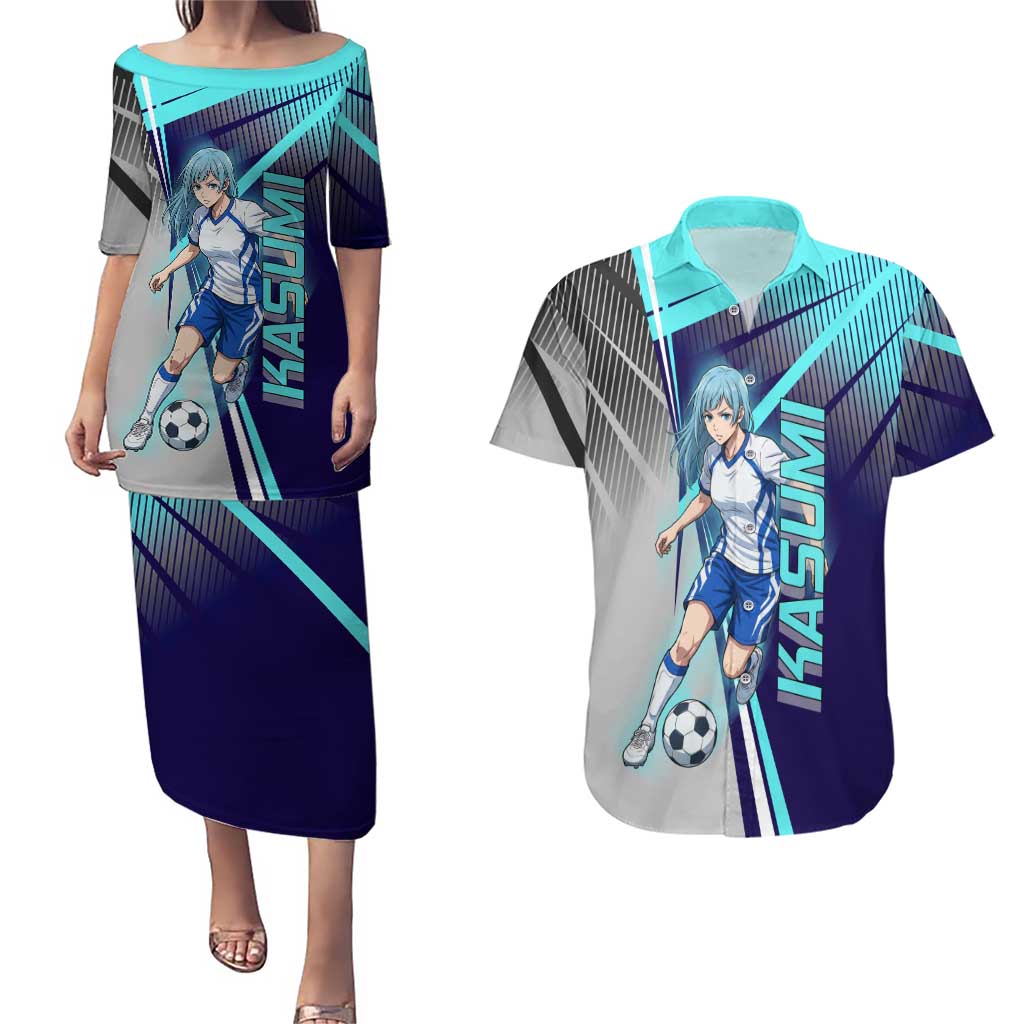 Personalized Miwa Kasumi Jujutsu Kaisen Couples Matching Puletasi and Hawaiian Shirt with Light Blue Accents and Action Pose