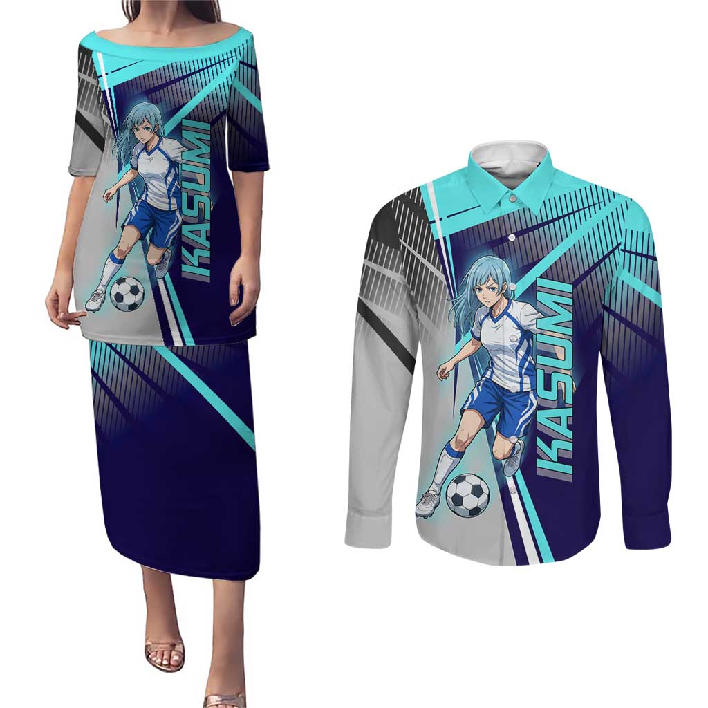 Personalized Miwa Kasumi Jujutsu Kaisen Couples Matching Puletasi and Long Sleeve Button Shirt with Light Blue Accents and Action Pose