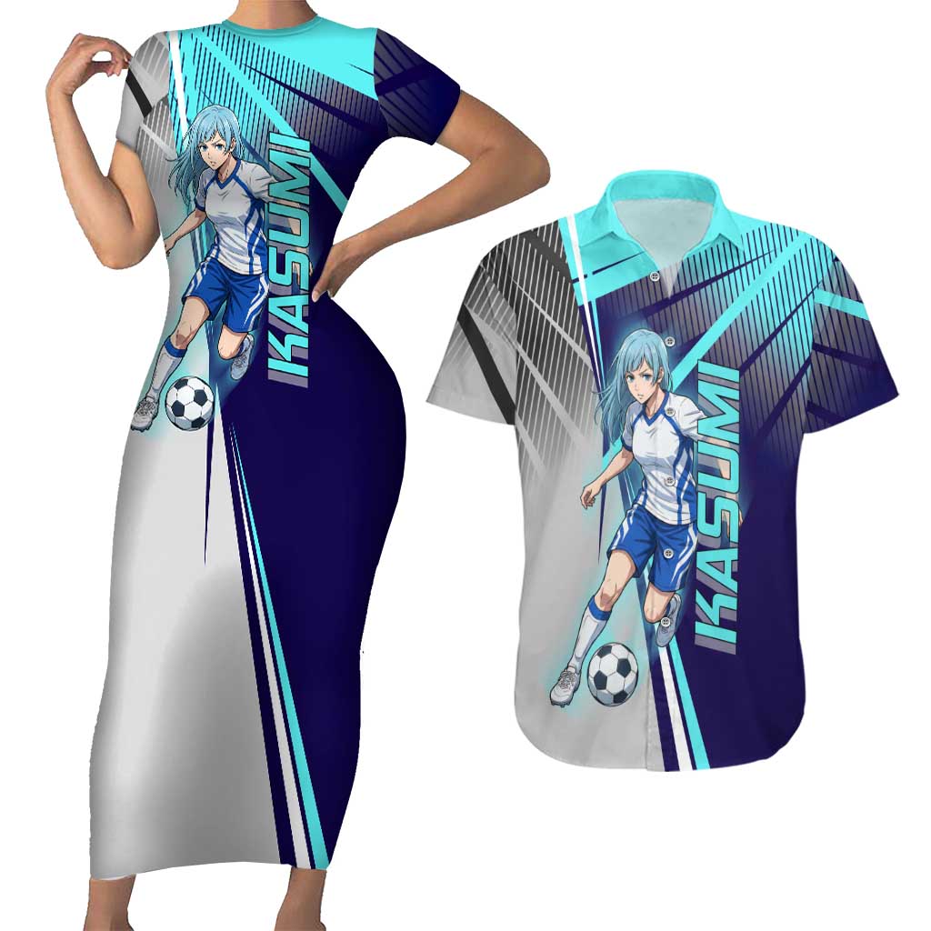 Personalized Miwa Kasumi Jujutsu Kaisen Couples Matching Short Sleeve Bodycon Dress and Hawaiian Shirt with Light Blue Accents and Action Pose