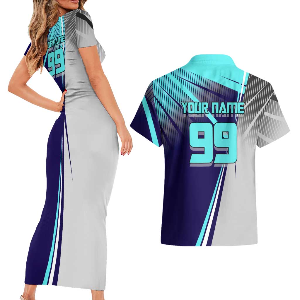 Personalized Miwa Kasumi Jujutsu Kaisen Couples Matching Short Sleeve Bodycon Dress and Hawaiian Shirt with Light Blue Accents and Action Pose