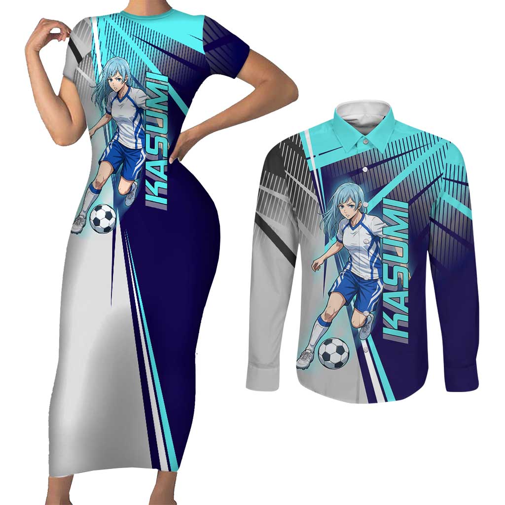 Personalized Miwa Kasumi Jujutsu Kaisen Couples Matching Short Sleeve Bodycon Dress and Long Sleeve Button Shirt with Light Blue Accents and Action Pose