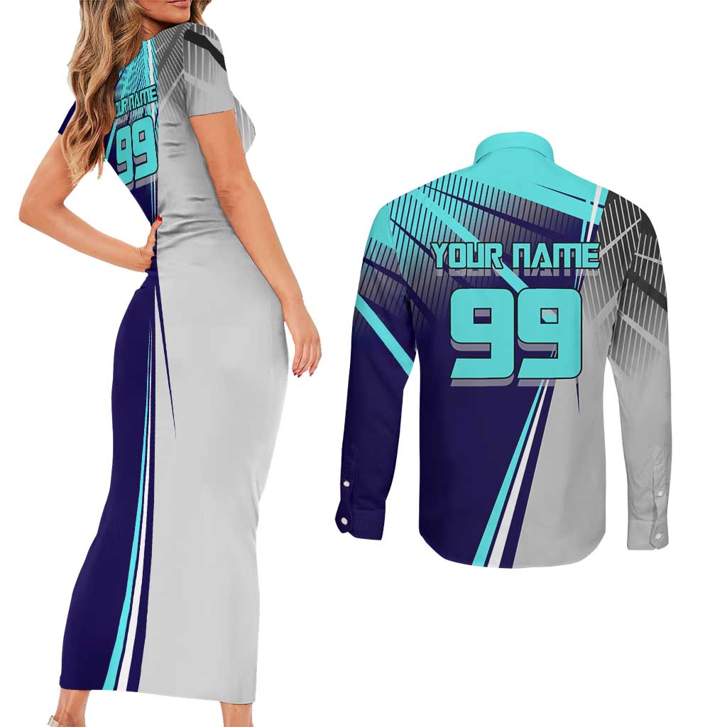 Personalized Miwa Kasumi Jujutsu Kaisen Couples Matching Short Sleeve Bodycon Dress and Long Sleeve Button Shirt with Light Blue Accents and Action Pose