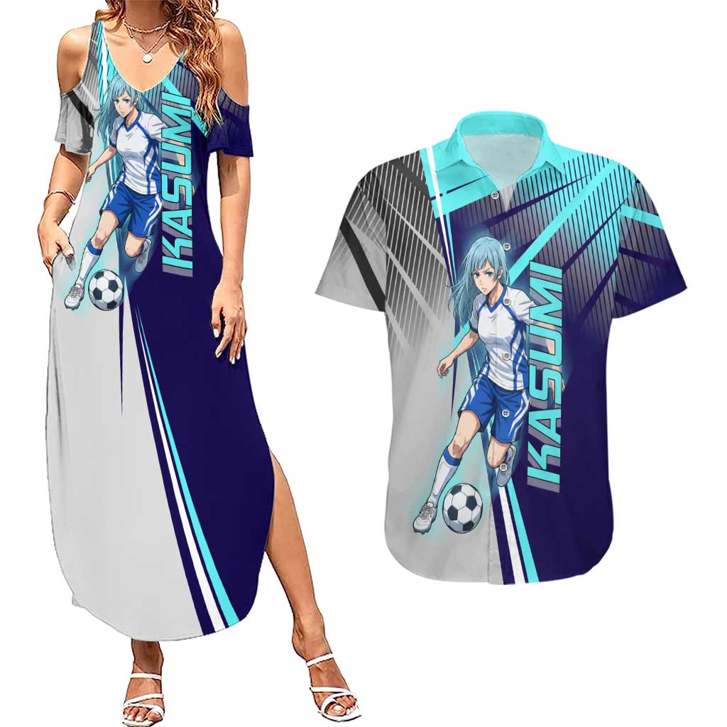 Personalized Miwa Kasumi Jujutsu Kaisen Couples Matching Summer Maxi Dress and Hawaiian Shirt with Light Blue Accents and Action Pose