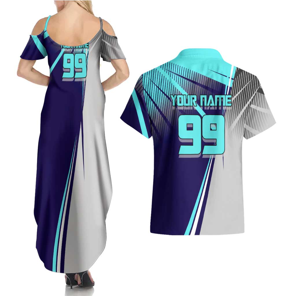 Personalized Miwa Kasumi Jujutsu Kaisen Couples Matching Summer Maxi Dress and Hawaiian Shirt with Light Blue Accents and Action Pose