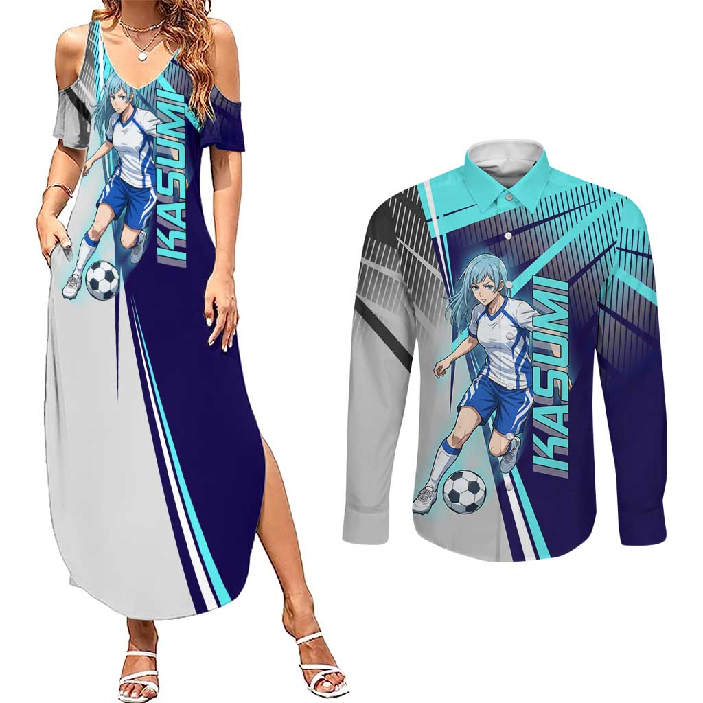 Personalized Miwa Kasumi Jujutsu Kaisen Couples Matching Summer Maxi Dress and Long Sleeve Button Shirt with Light Blue Accents and Action Pose