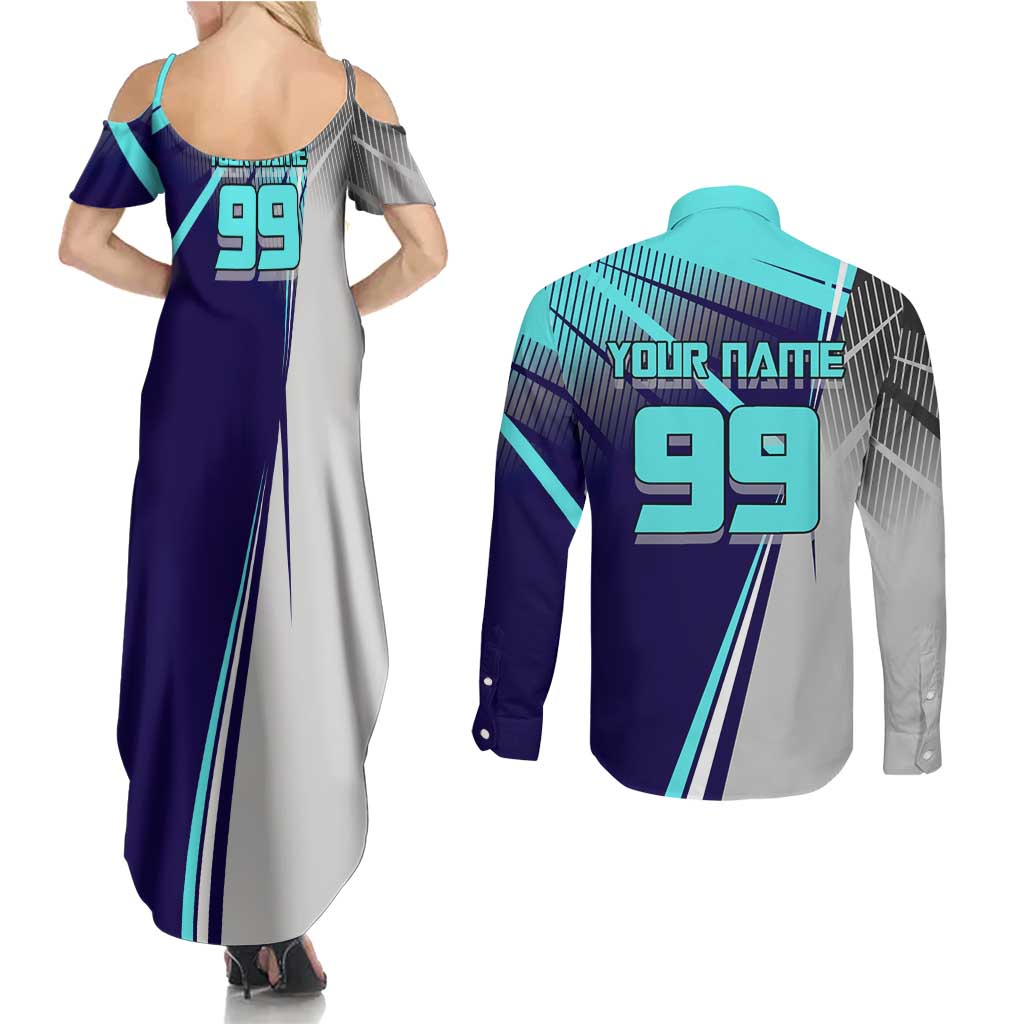 Personalized Miwa Kasumi Jujutsu Kaisen Couples Matching Summer Maxi Dress and Long Sleeve Button Shirt with Light Blue Accents and Action Pose