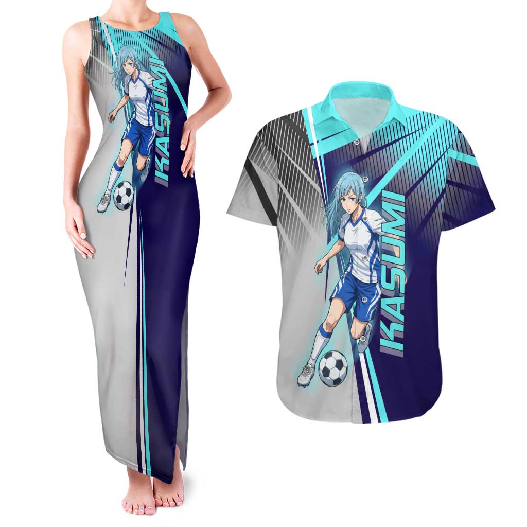 Personalized Miwa Kasumi Jujutsu Kaisen Couples Matching Tank Maxi Dress and Hawaiian Shirt with Light Blue Accents and Action Pose