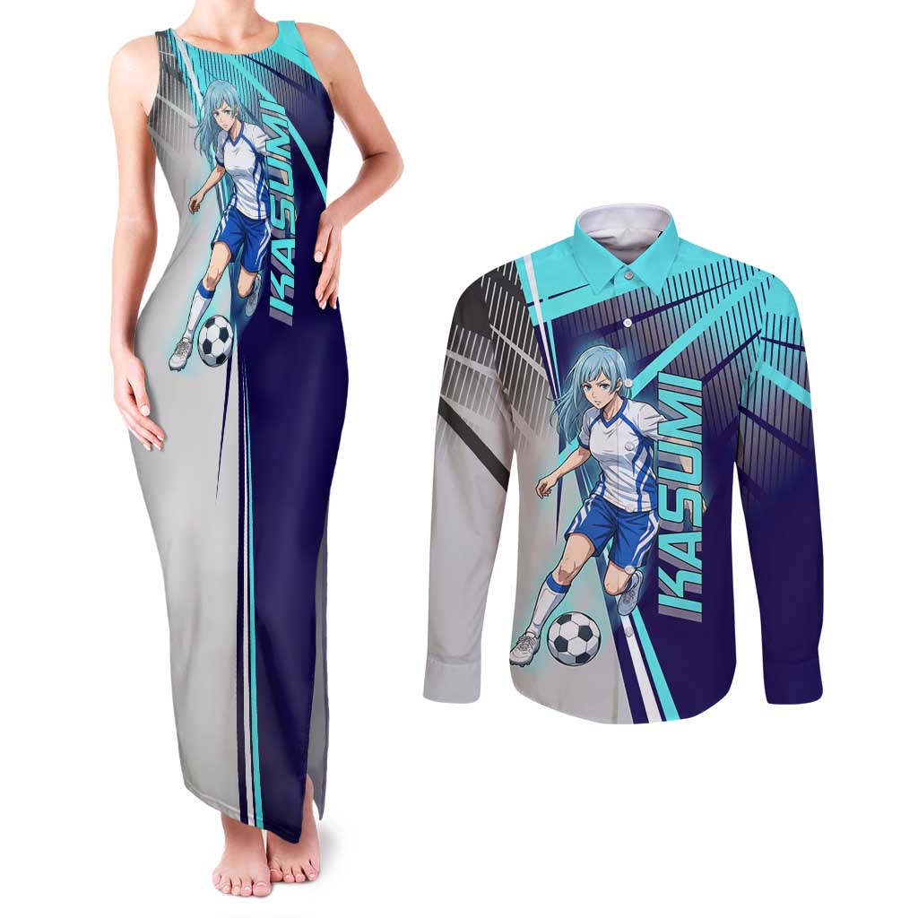 Personalized Miwa Kasumi Jujutsu Kaisen Couples Matching Tank Maxi Dress and Long Sleeve Button Shirt with Light Blue Accents and Action Pose