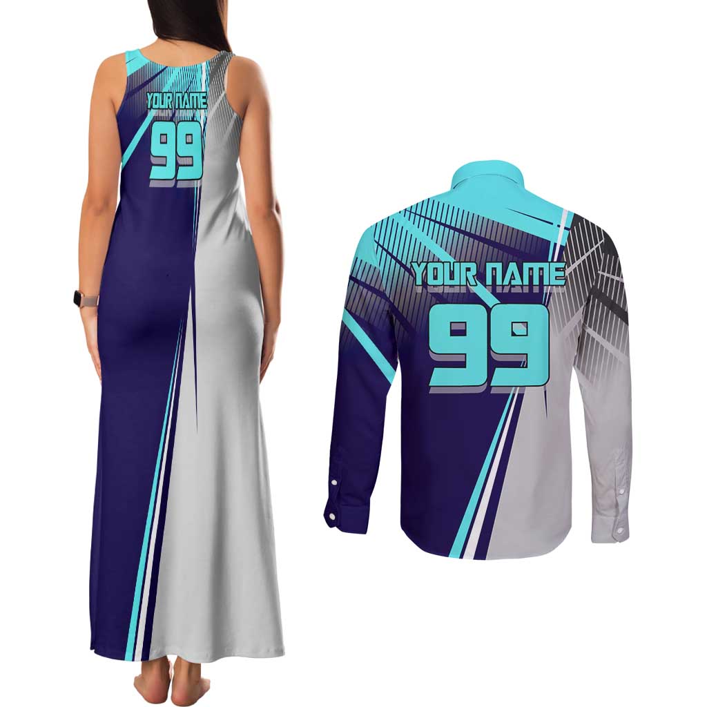 Personalized Miwa Kasumi Jujutsu Kaisen Couples Matching Tank Maxi Dress and Long Sleeve Button Shirt with Light Blue Accents and Action Pose