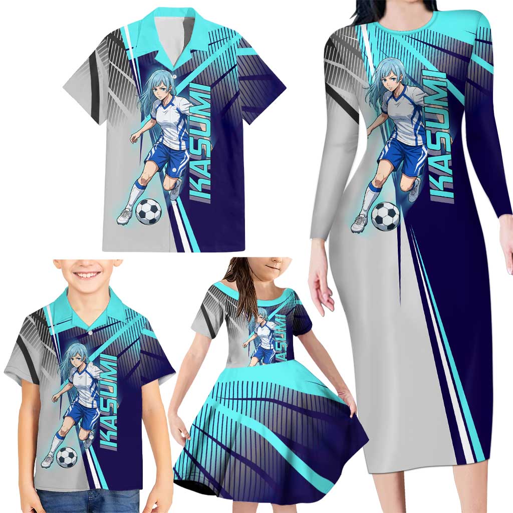 Personalized Miwa Kasumi Jujutsu Kaisen Family Matching Long Sleeve Bodycon Dress and Hawaiian Shirt with Light Blue Accents and Action Pose