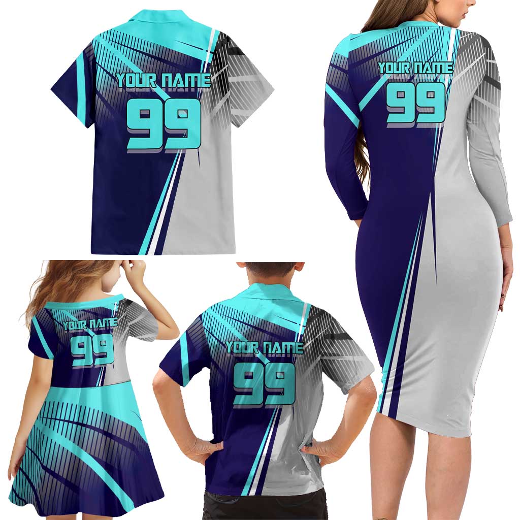 Personalized Miwa Kasumi Jujutsu Kaisen Family Matching Long Sleeve Bodycon Dress and Hawaiian Shirt with Light Blue Accents and Action Pose