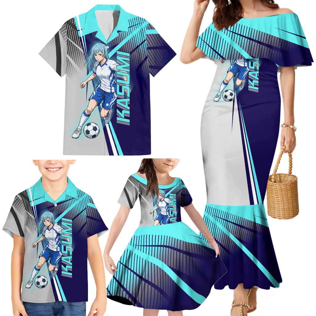 Personalized Miwa Kasumi Jujutsu Kaisen Family Matching Mermaid Dress and Hawaiian Shirt with Light Blue Accents and Action Pose