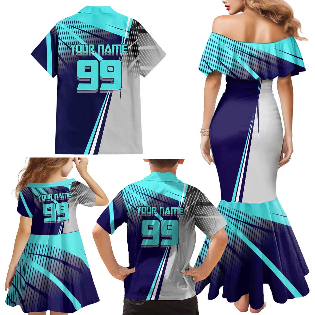 Personalized Miwa Kasumi Jujutsu Kaisen Family Matching Mermaid Dress and Hawaiian Shirt with Light Blue Accents and Action Pose