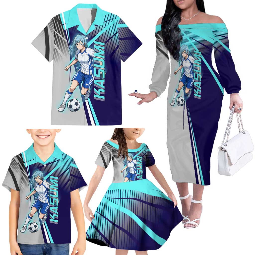 Personalized Miwa Kasumi Jujutsu Kaisen Family Matching Off The Shoulder Long Sleeve Dress and Hawaiian Shirt with Light Blue Accents and Action Pose