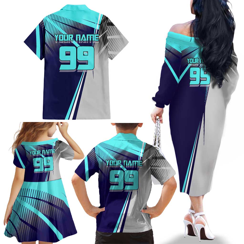 Personalized Miwa Kasumi Jujutsu Kaisen Family Matching Off The Shoulder Long Sleeve Dress and Hawaiian Shirt with Light Blue Accents and Action Pose