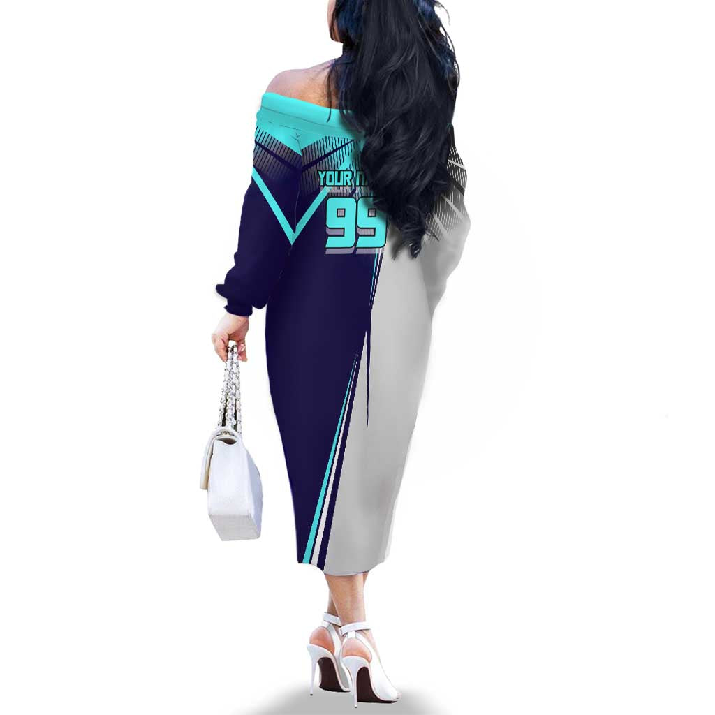 Personalized Miwa Kasumi Jujutsu Kaisen Family Matching Off The Shoulder Long Sleeve Dress and Hawaiian Shirt with Light Blue Accents and Action Pose