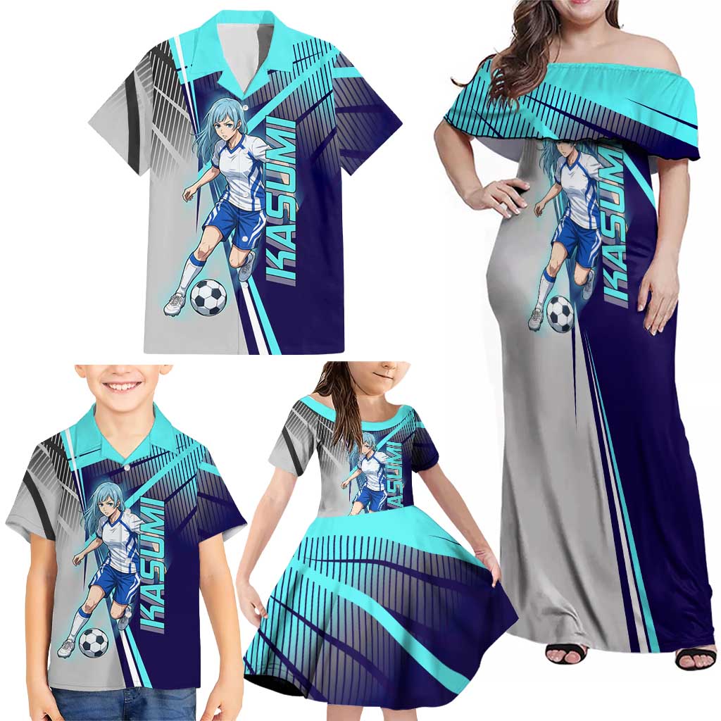 Personalized Miwa Kasumi Jujutsu Kaisen Family Matching Off Shoulder Maxi Dress and Hawaiian Shirt with Light Blue Accents and Action Pose