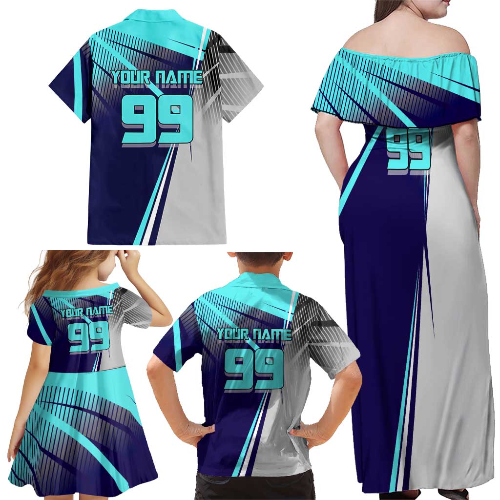 Personalized Miwa Kasumi Jujutsu Kaisen Family Matching Off Shoulder Maxi Dress and Hawaiian Shirt with Light Blue Accents and Action Pose