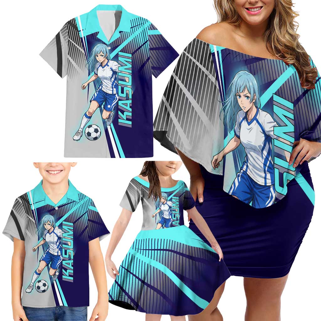 Personalized Miwa Kasumi Jujutsu Kaisen Family Matching Off Shoulder Short Dress and Hawaiian Shirt with Light Blue Accents and Action Pose