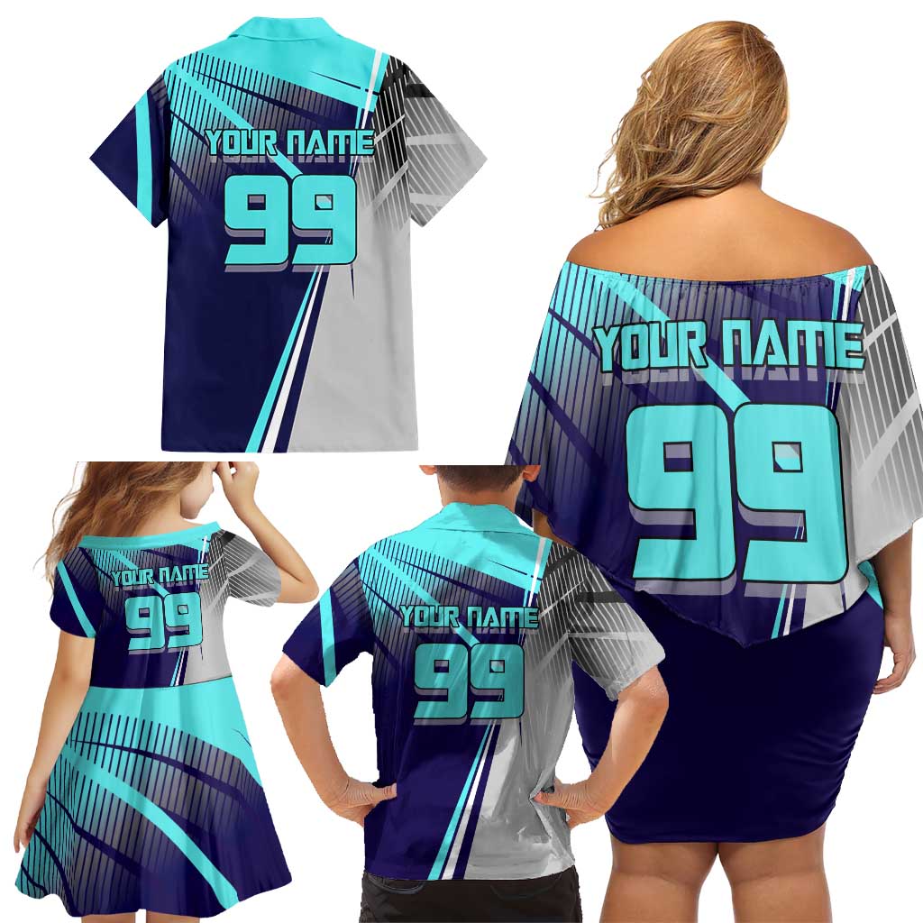 Personalized Miwa Kasumi Jujutsu Kaisen Family Matching Off Shoulder Short Dress and Hawaiian Shirt with Light Blue Accents and Action Pose